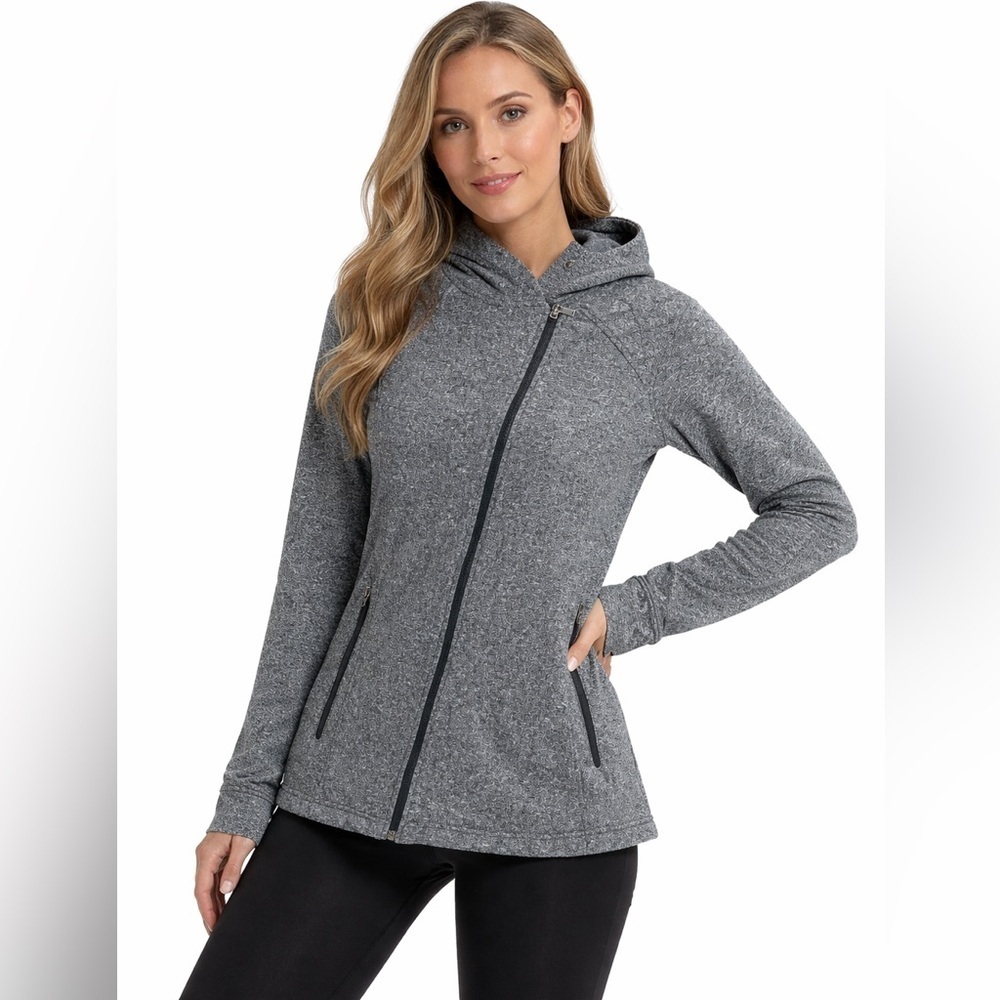 Columbia women’s asymmetrical full zip fleece jacket/ coat with hood Sz Large